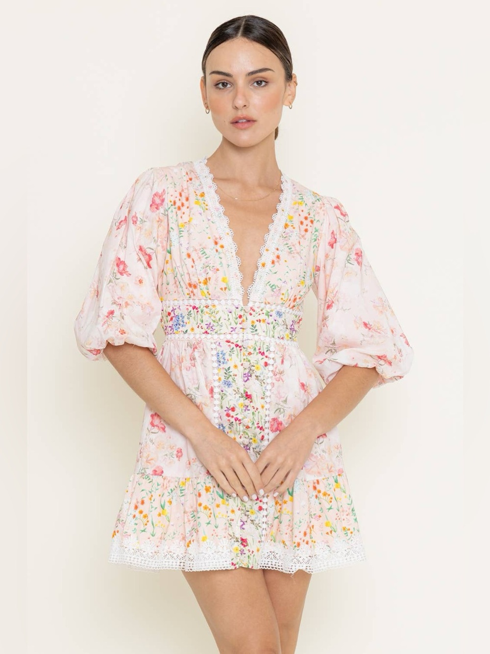 NWOT FORE Collection Floral Print Cotton Crochet Bubble Hem Sleeve Mini Dress - Picture 3 of 13